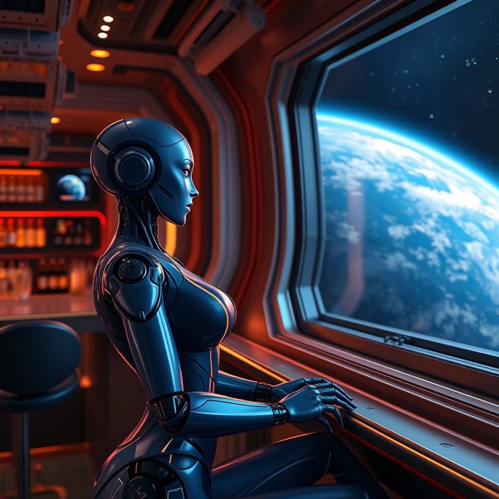 Futuristic Robot Relaxing in Space Bar with Earth View