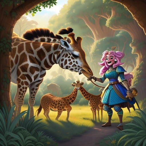 Whimsical Halfling Knight Feeds Giraffes in Vibrant Safari S...