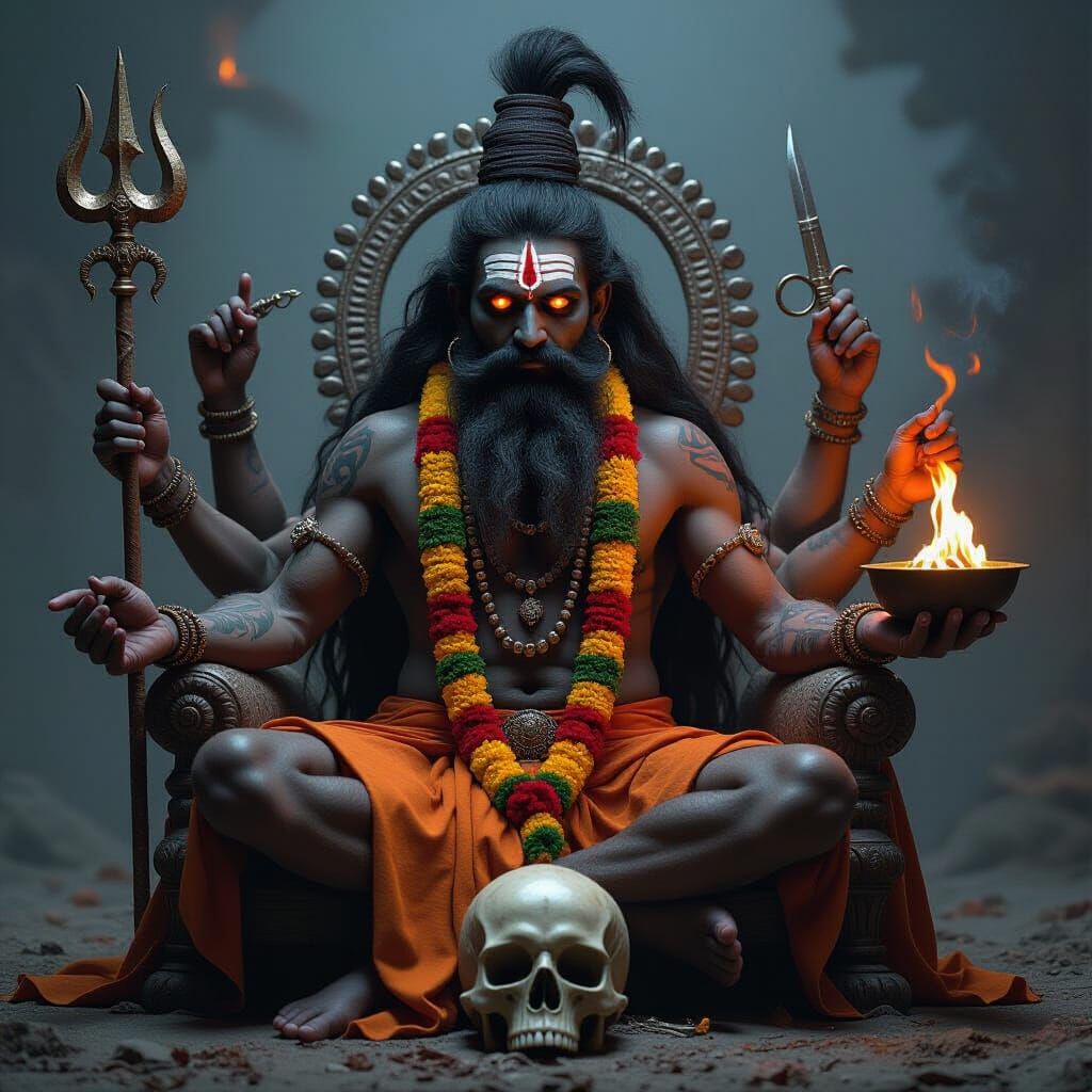 Dark Aghori on Skull Throne in Biomechanical Style