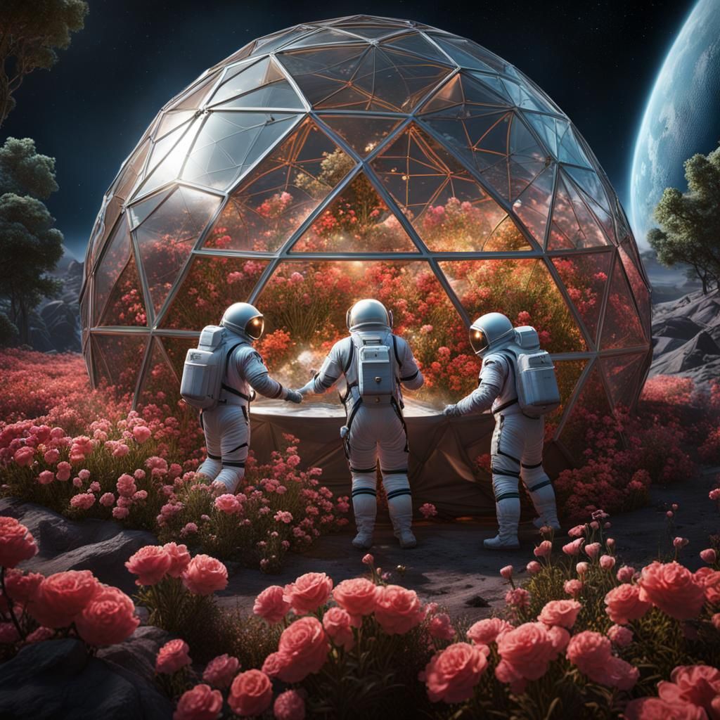 Astronauts Tend Lunar Flowers in Geodesic Dome
