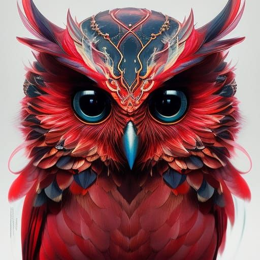 Cute Red Owl Portrait in Liquid Gouache Style