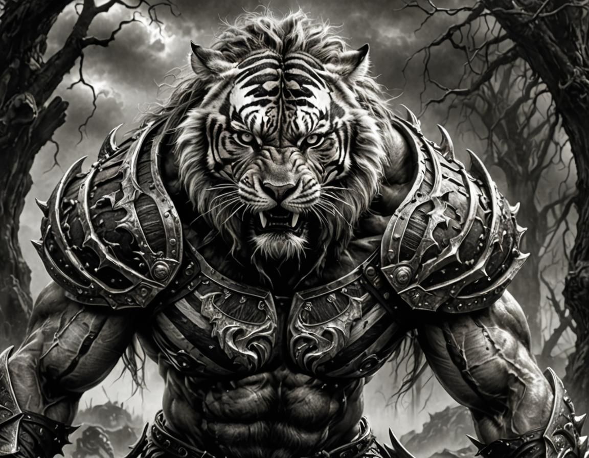 Eerie Striped Tiger-Man Portrait in Black and White
