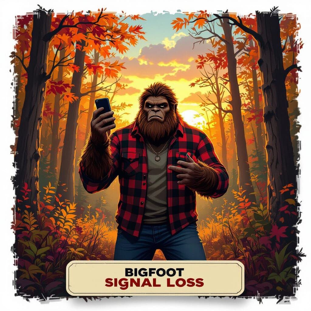 Bigfoot Tries to Get a Signal in Autumn Woods