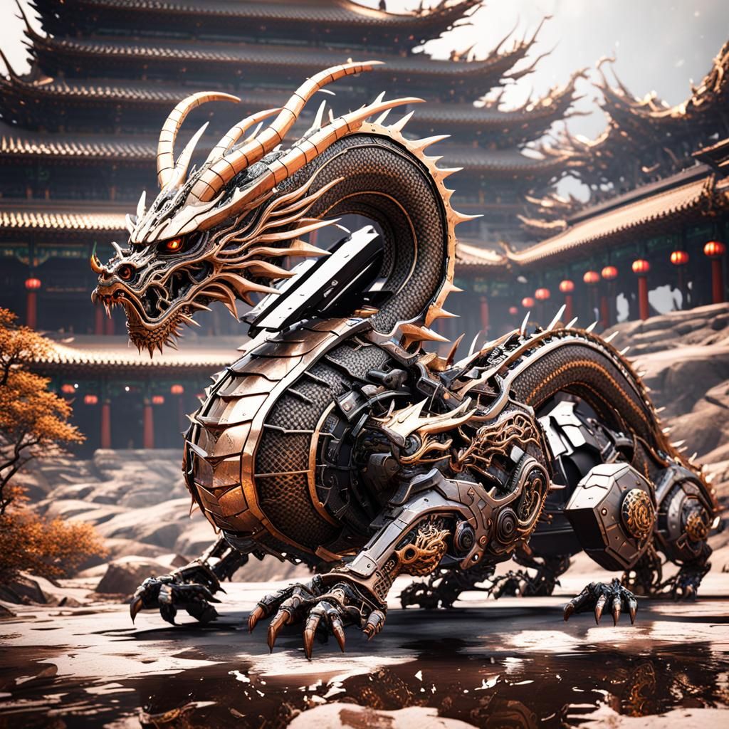 Futuristic Chinese Dragon Mech on Wasted Land