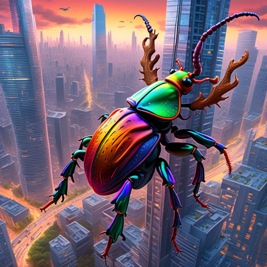 Stag Beetle in Metropolis: Hyperrealistic Cityscape