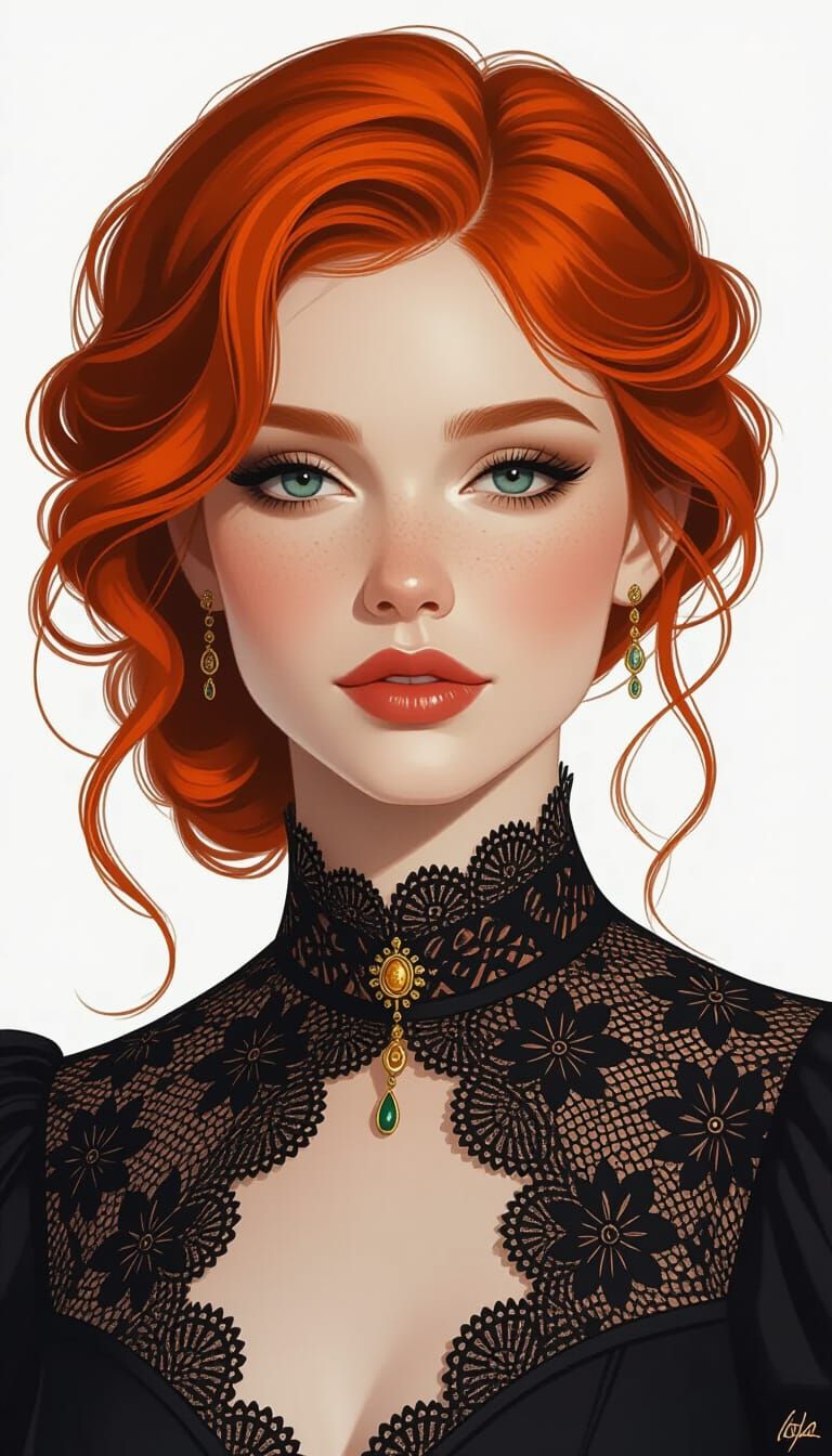 Red Haired Woman in Black Lace Portrait