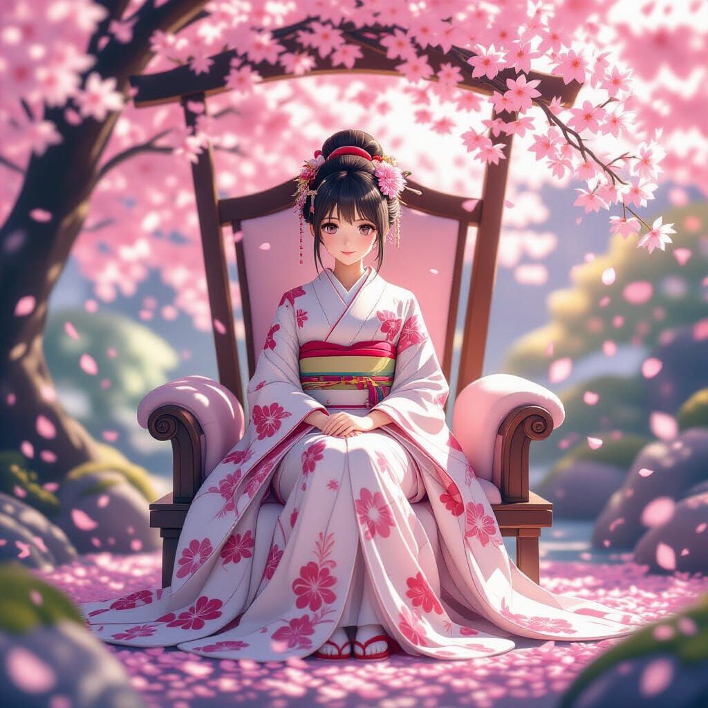 Anime Girl on Cherry Blossom Throne in 3D Realism