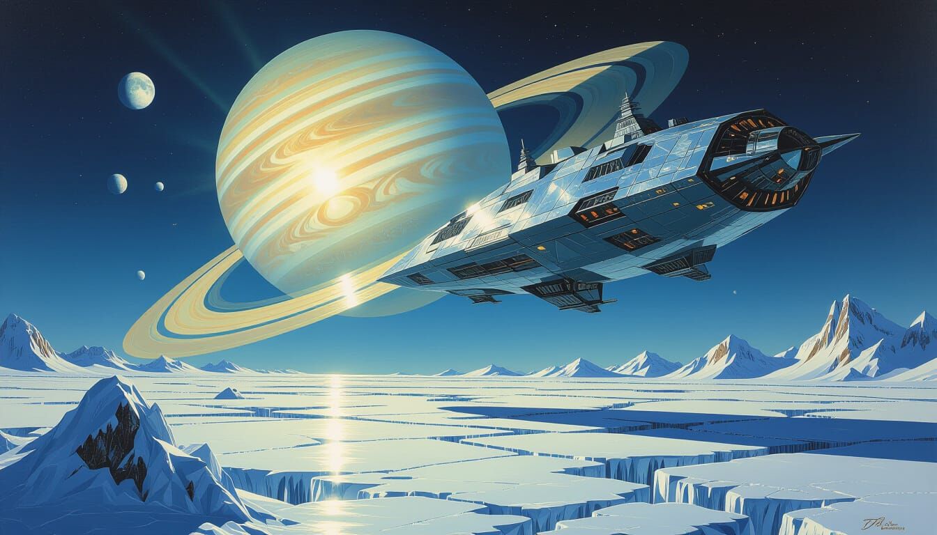 Prador Dreadnought Over Saturn: Hyperrealistic Oil Painting