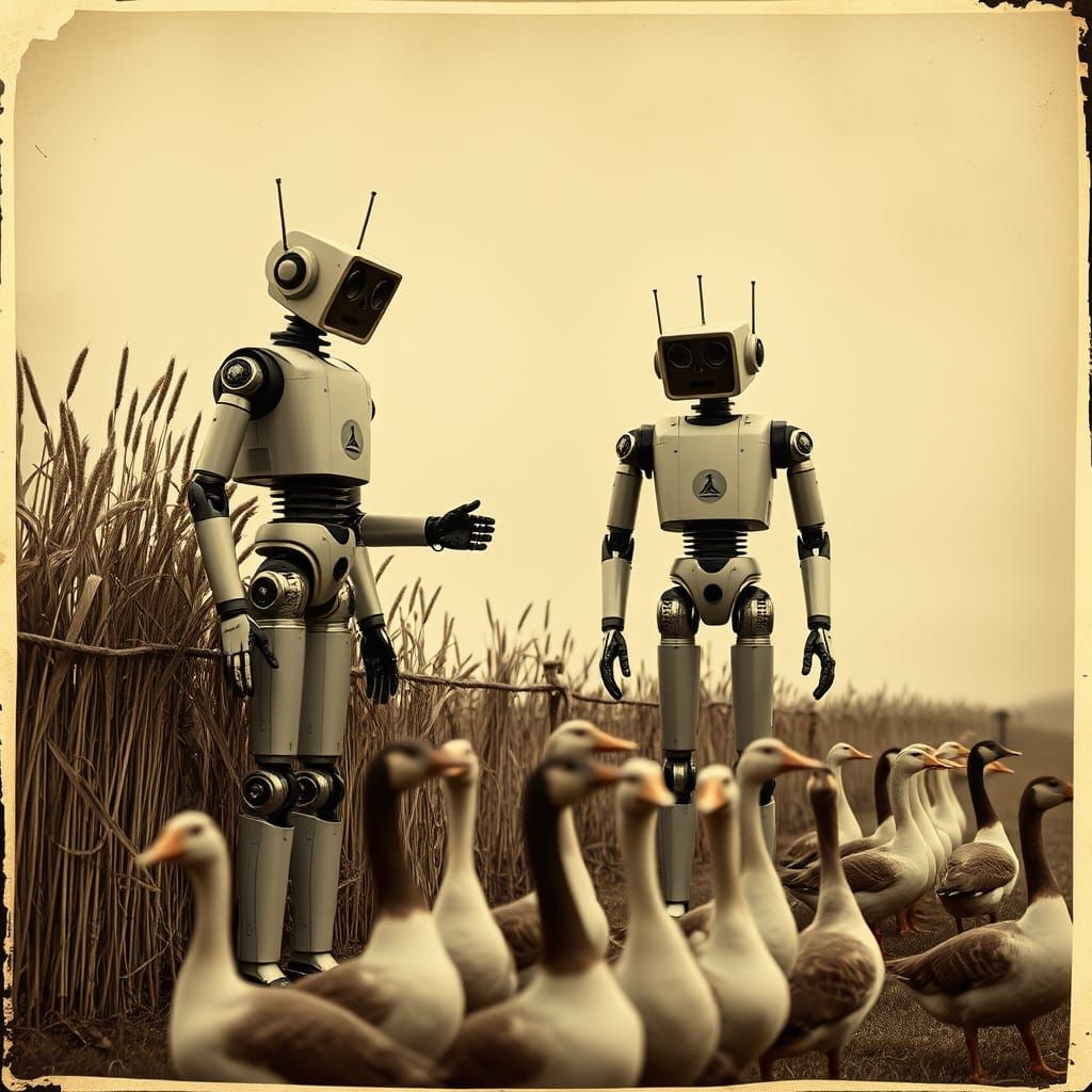 Vintage Folkloric Robots Amidst Geese and Reed Fence