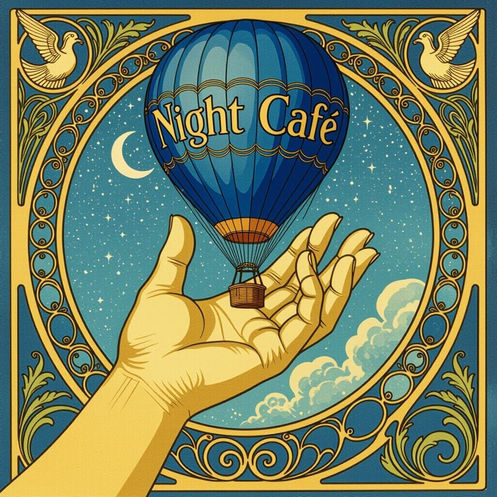 Dark Blue Hot Air Balloon Ascends from Colossal Hand