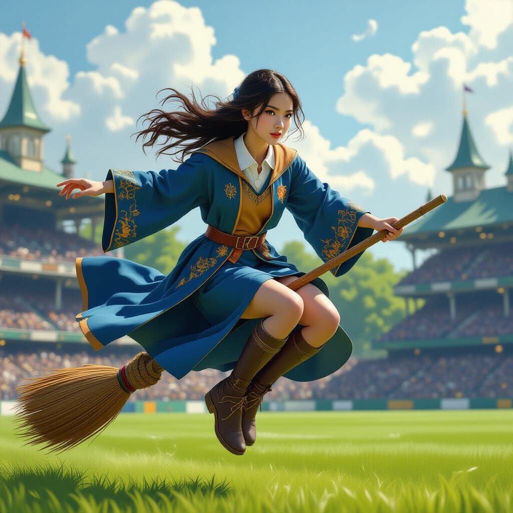 Quidditch Girl Soaring Over Field in Photorealistic Style