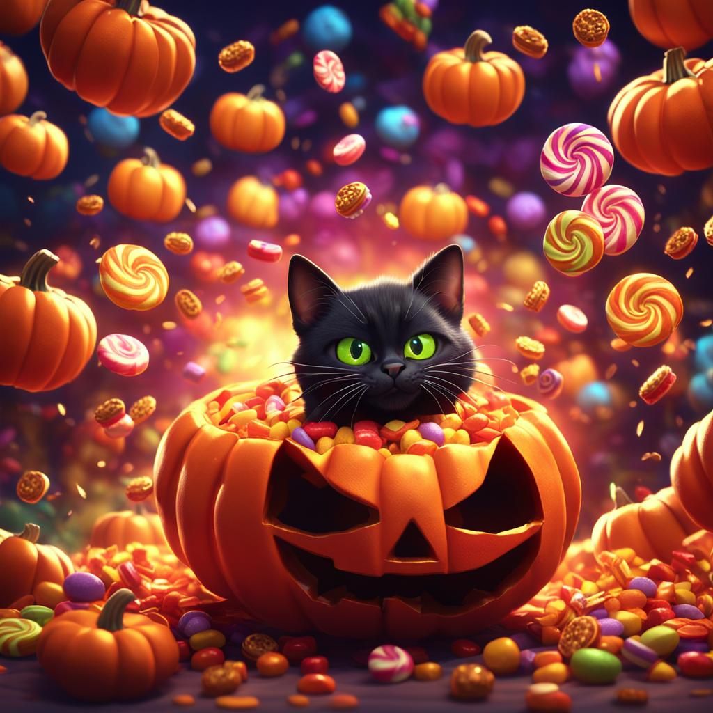 Black Cat Leaps From Candy Pumpkin: Pixar Style