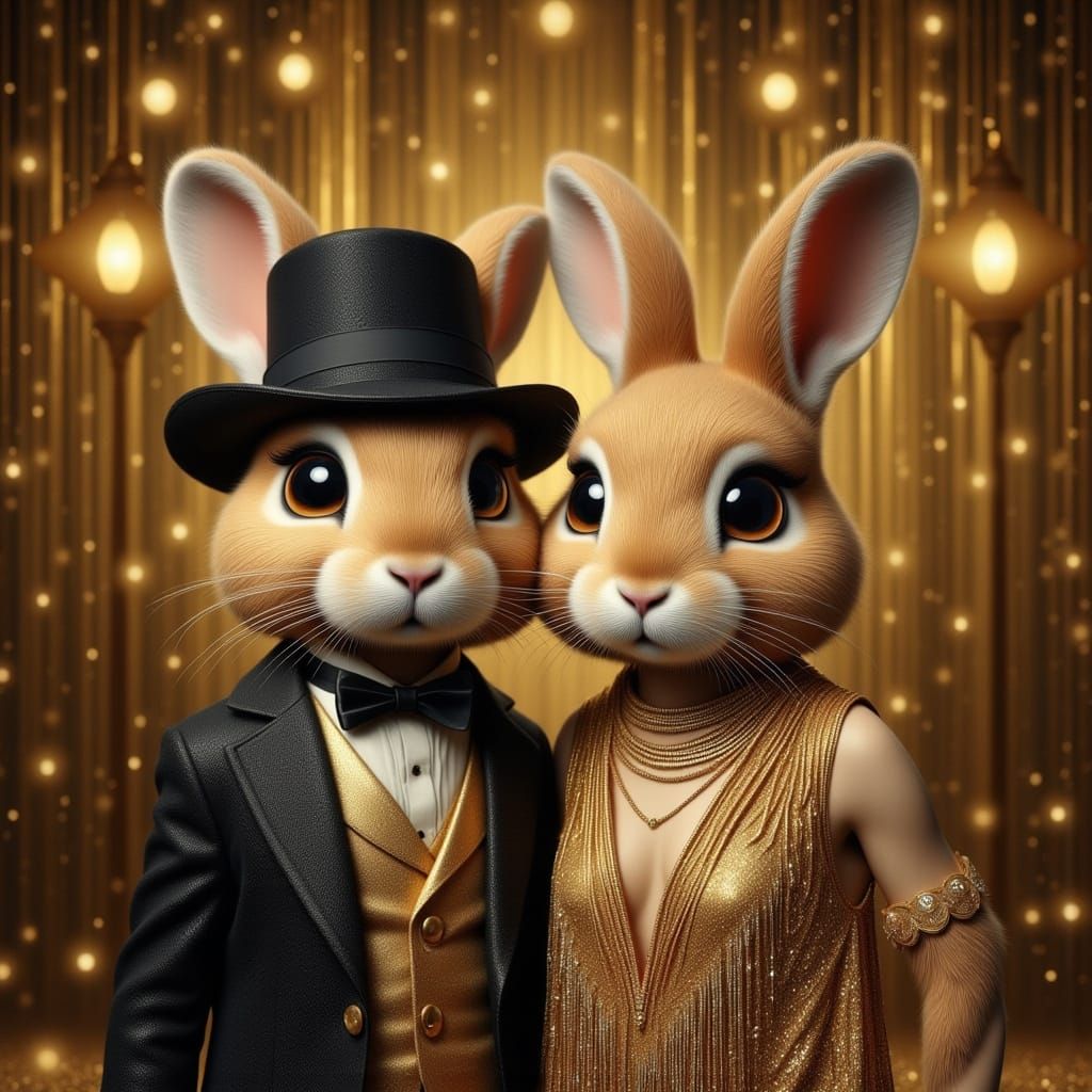 Rabbits as 1920s Gangster and Flapper in Art Deco Style