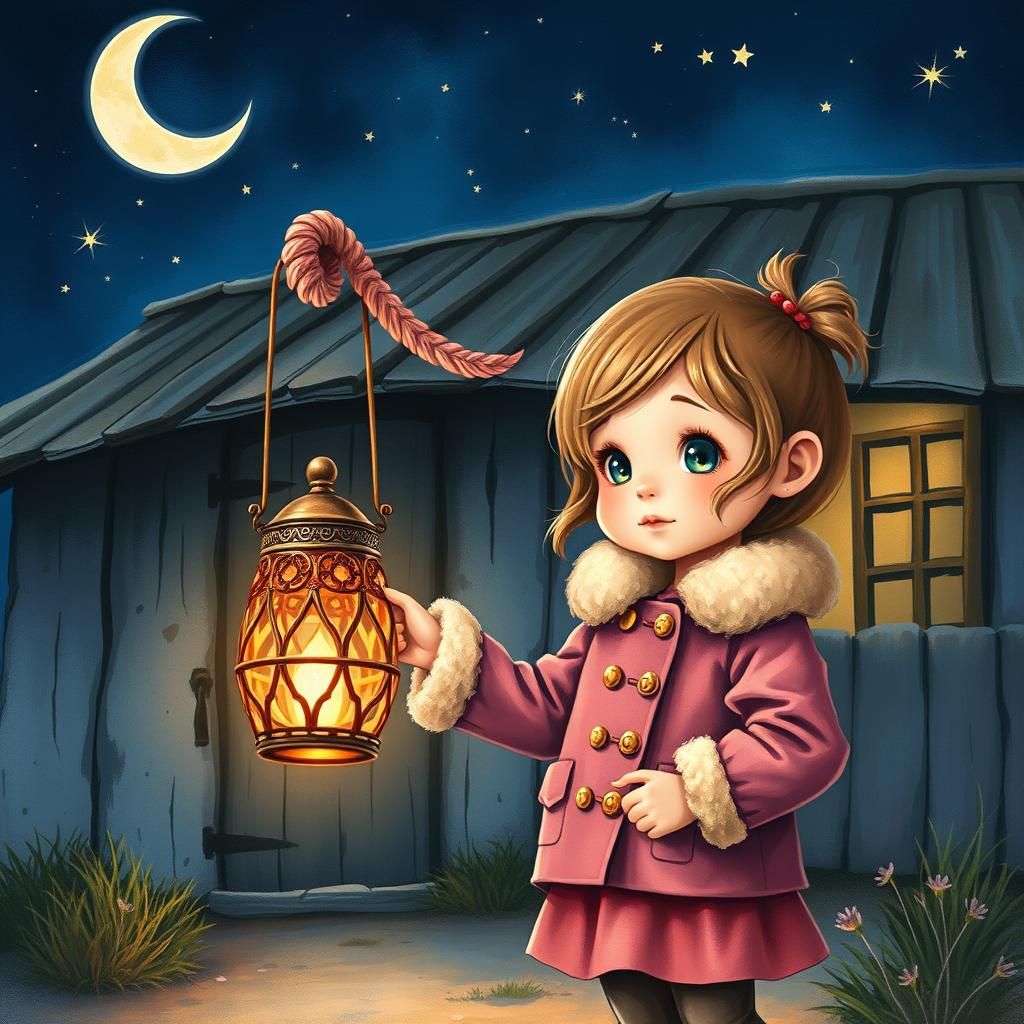 Girl with Lantern in Rural Scene