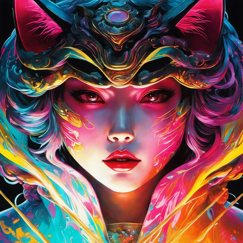 Cyberpunk Bakeneko Yokai in Neon Graffiti Style