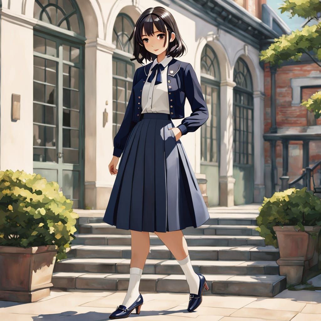 Japanese Schoolgirl Uniform with Unique Blouse in Courtyard