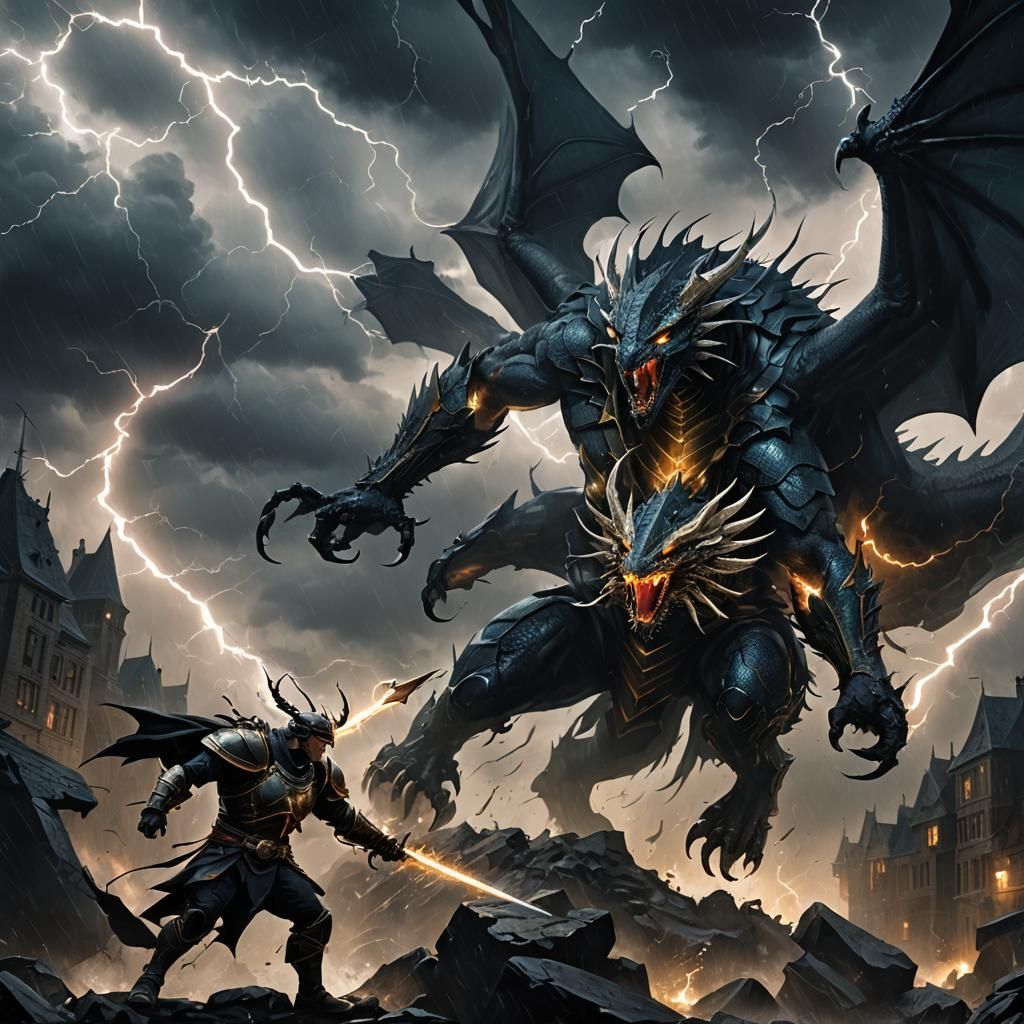 Dragon-Beetle vs Dragon-Eagle in Dark Fantasy Art