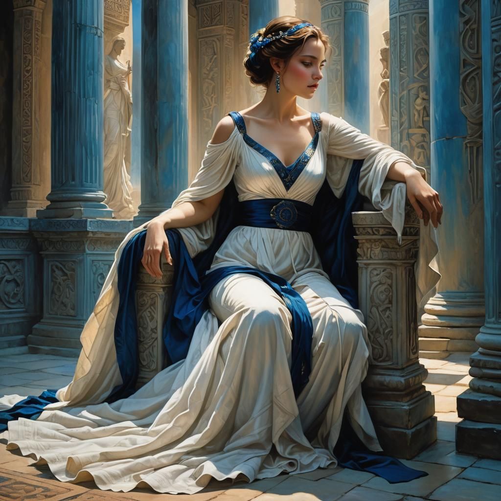 Elegant Woman Between Pillars in Fantasy Realm