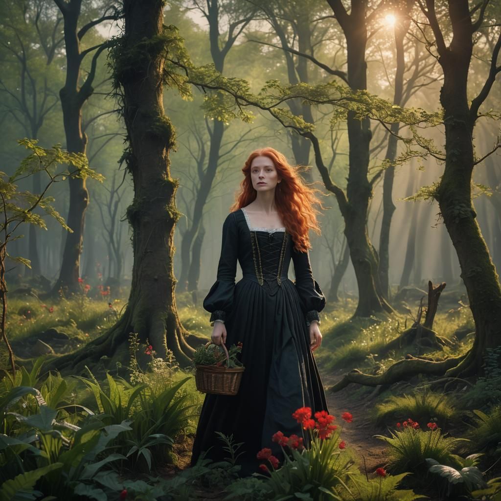 Woman Collecting Plants in Spring Forest Sunrise