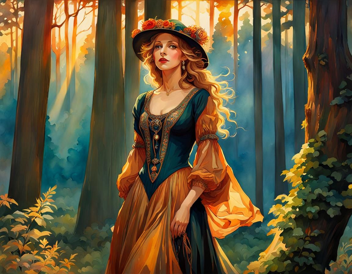 Forest Witch Portrait in Renaissance Impressionist Style
