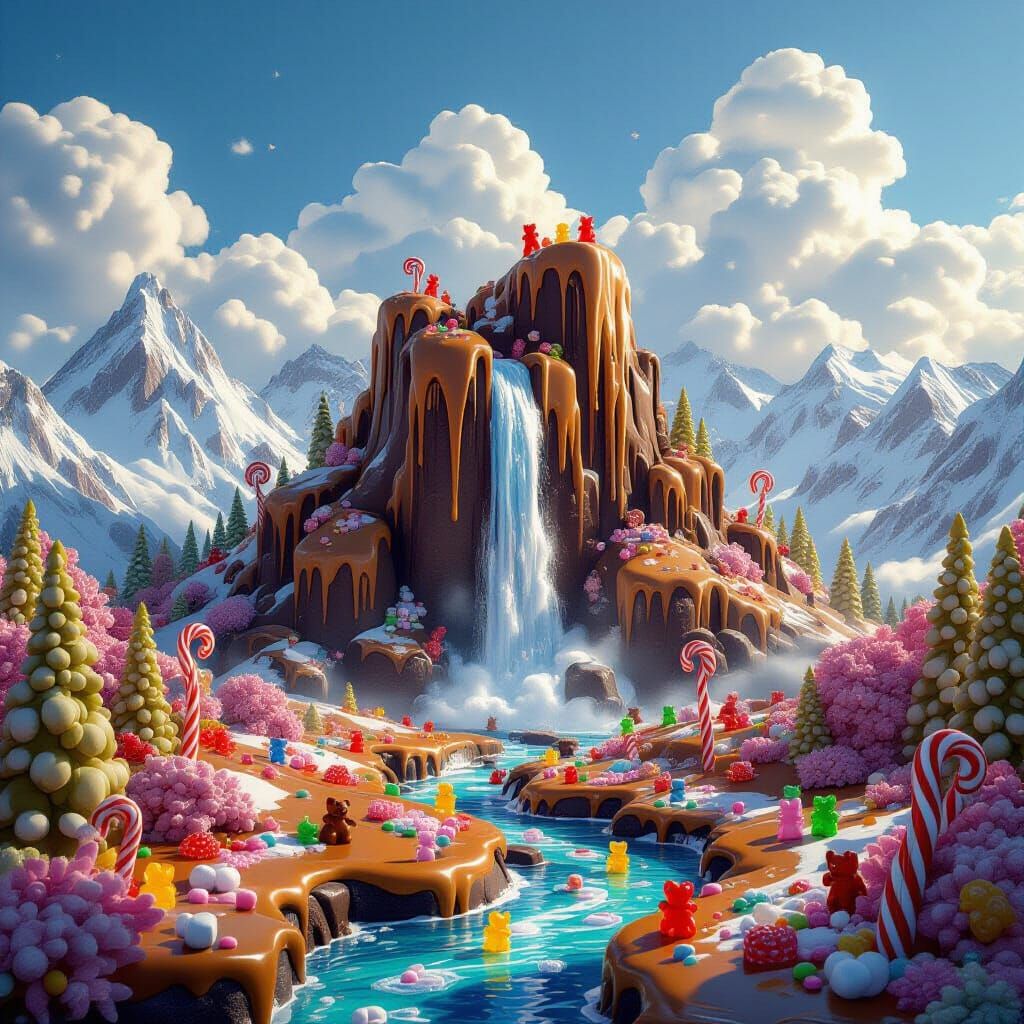 Chocolate Waterfall Fantasy Landscape in Hyperrealistic Styl...