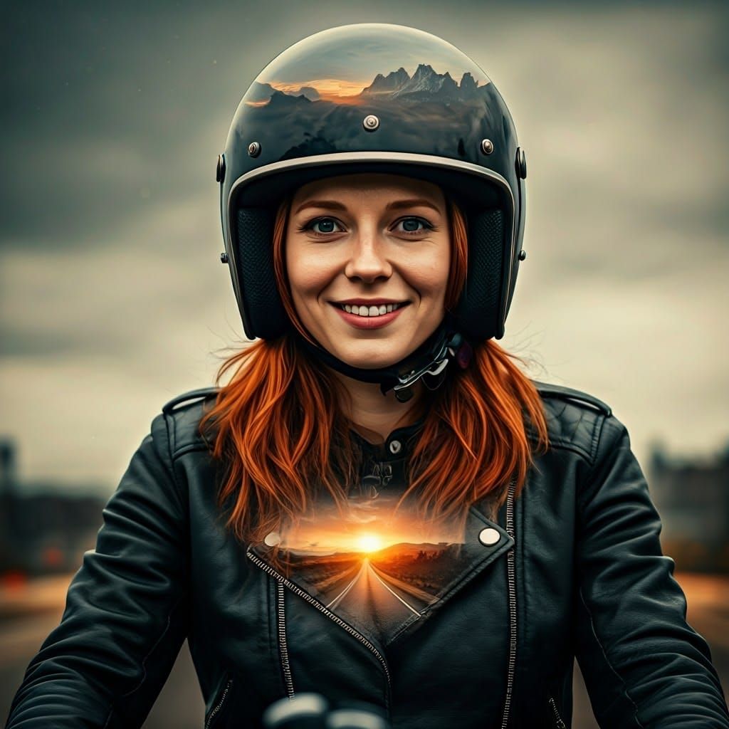 Redhead Biker Girl Portrait with Landscape