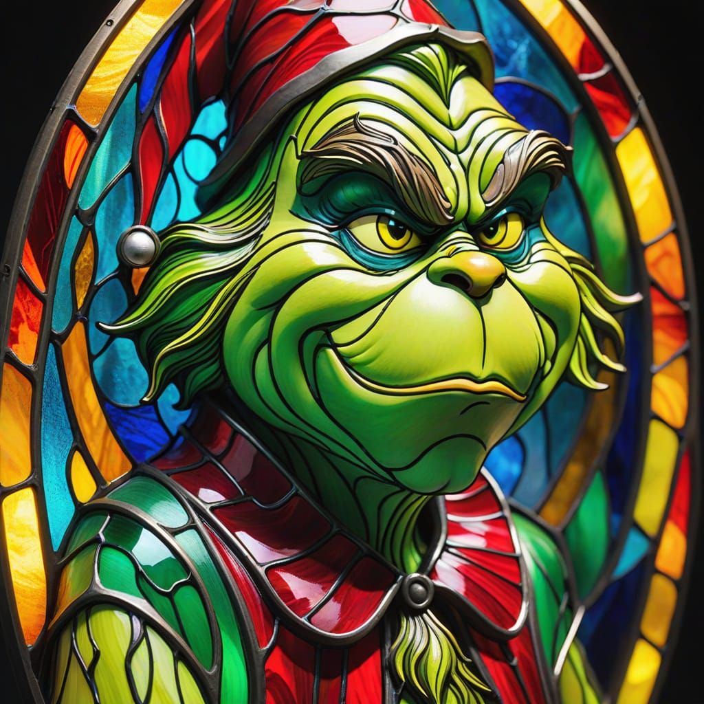 Vibrant Stained Glass Grinch Sculpture in Art Nouveau Style