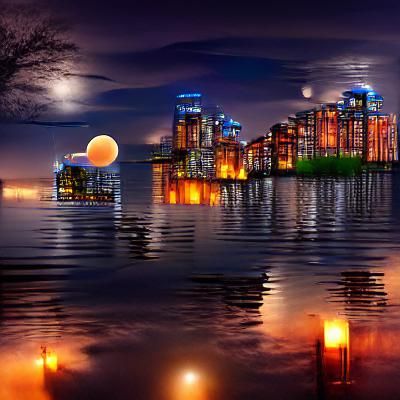 Romantic Night Cityscape with Lake and Moon
