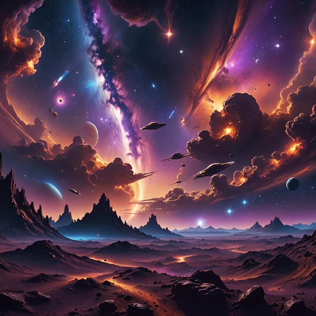 Spaceship Drifting Through Space at Nightfall