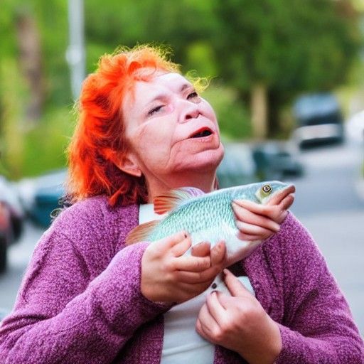 Woman Holds Fish on Street Corner
