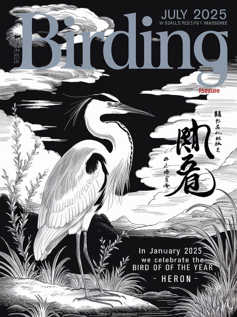 Heron Sumi-e Illustration for BIRDING Magazine Cover