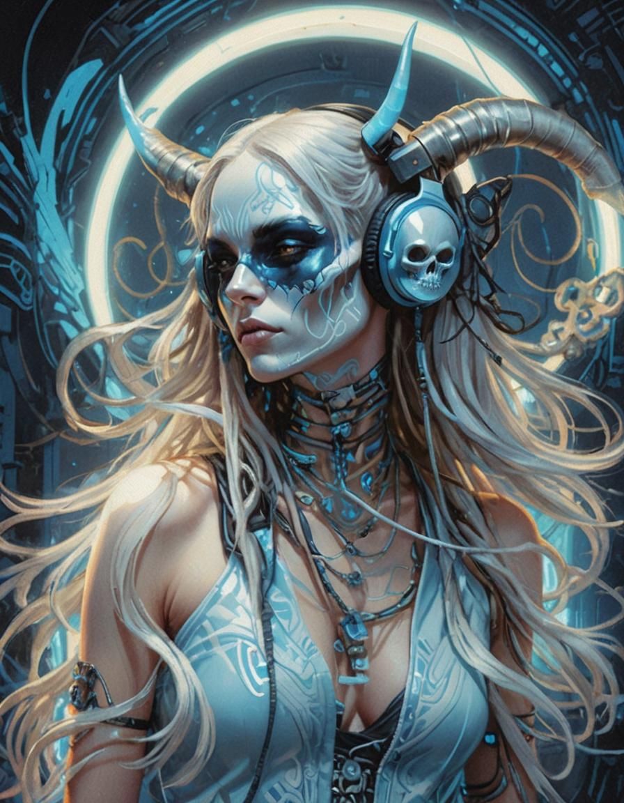 Cyberpunk Demon Girl Portrait with Neon Accents