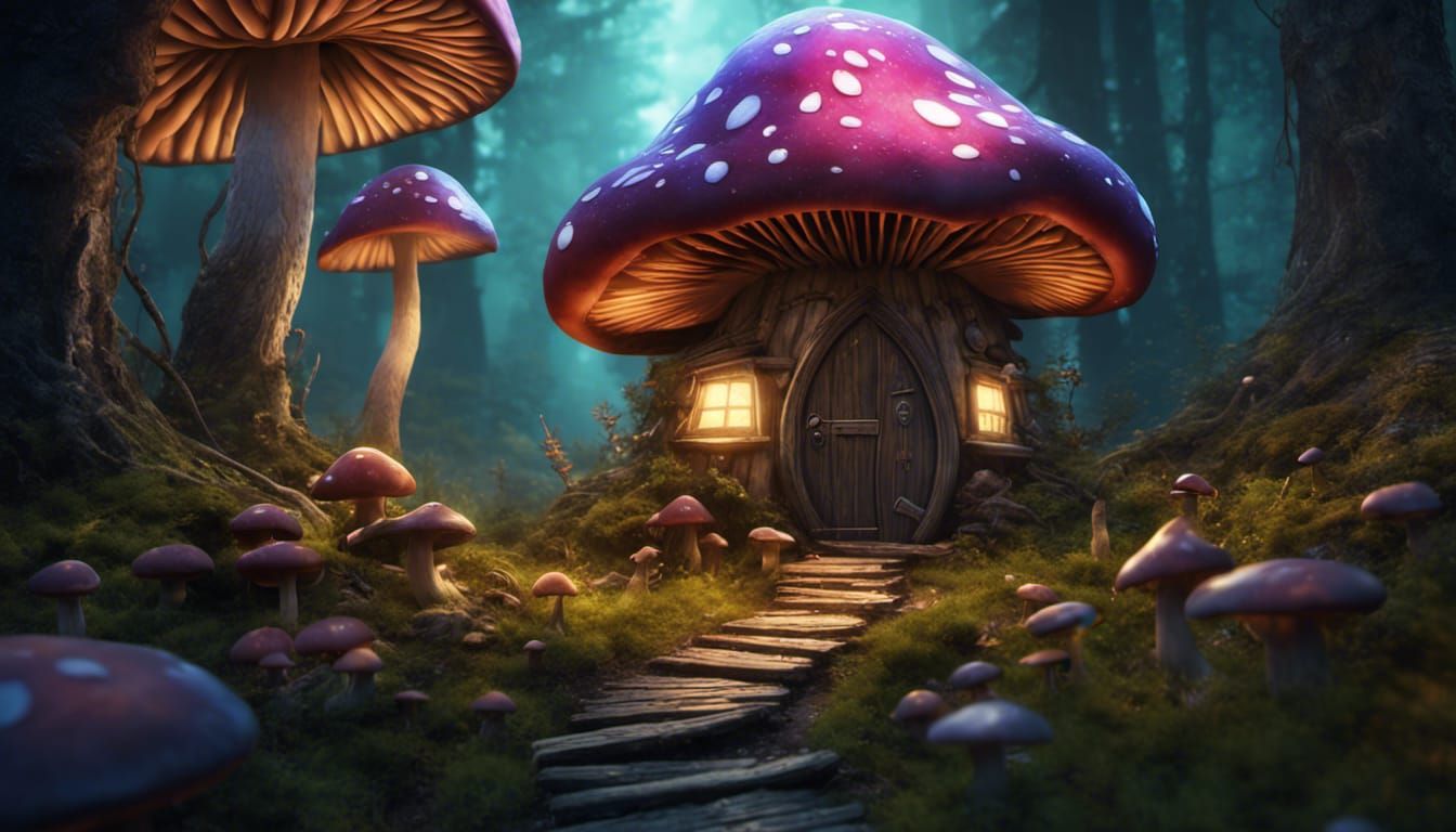 Glowing Mushroom Cabin in Forest: Matte Painting
