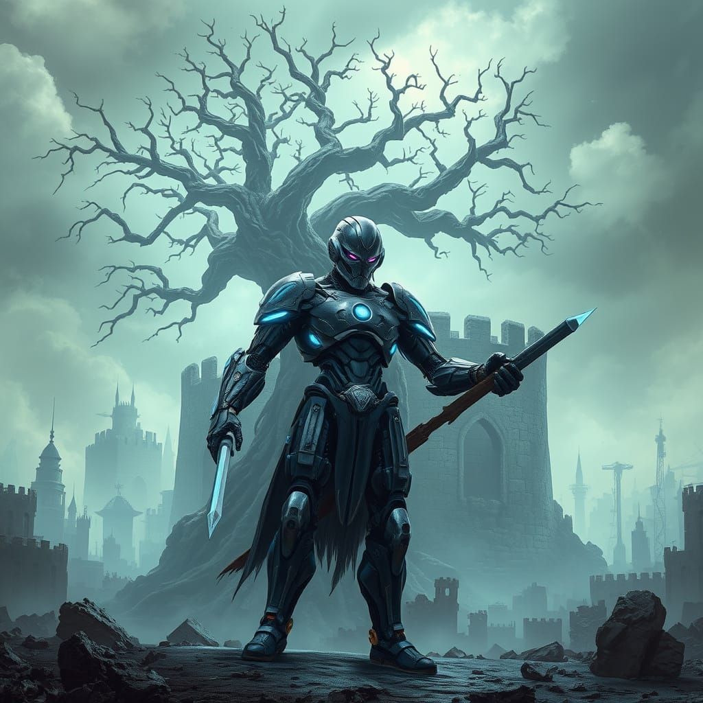 Cyborg Warrior in Post-Apocalyptic Cityscape