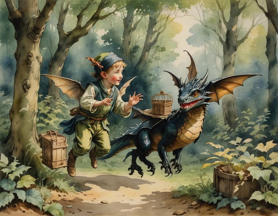Faerie Dragon in Forest Glade: Antique Watercolour