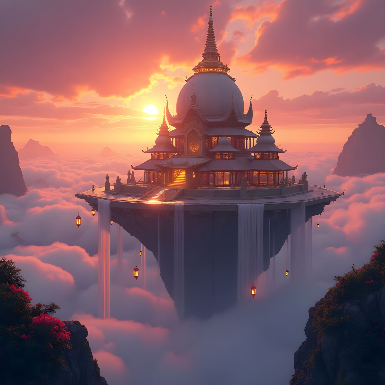 Surreal Floating Temple Set Amidst Majestic Clouds and Water...