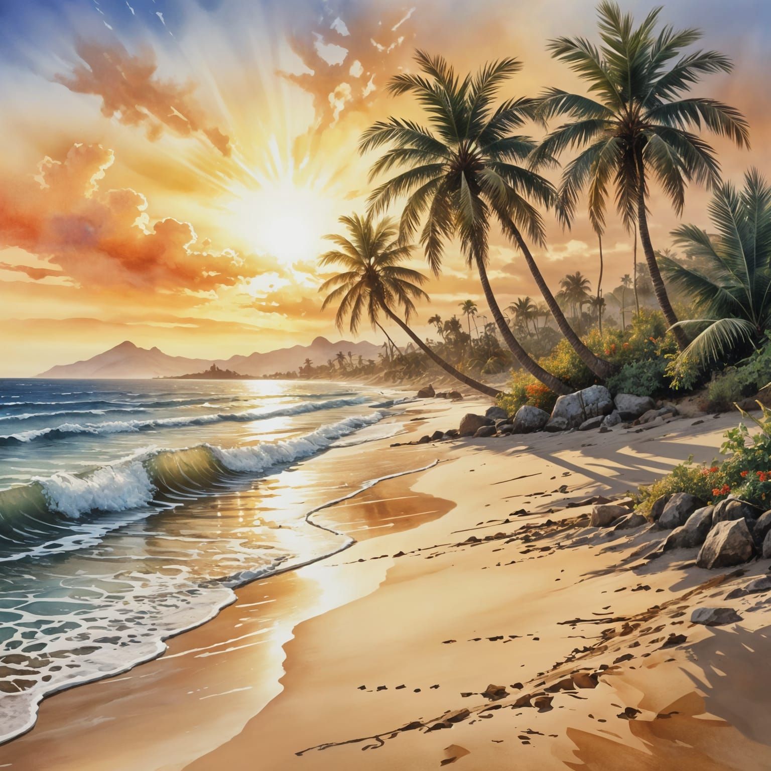 Vibrant Watercolour Sunset on a Mexican Beach