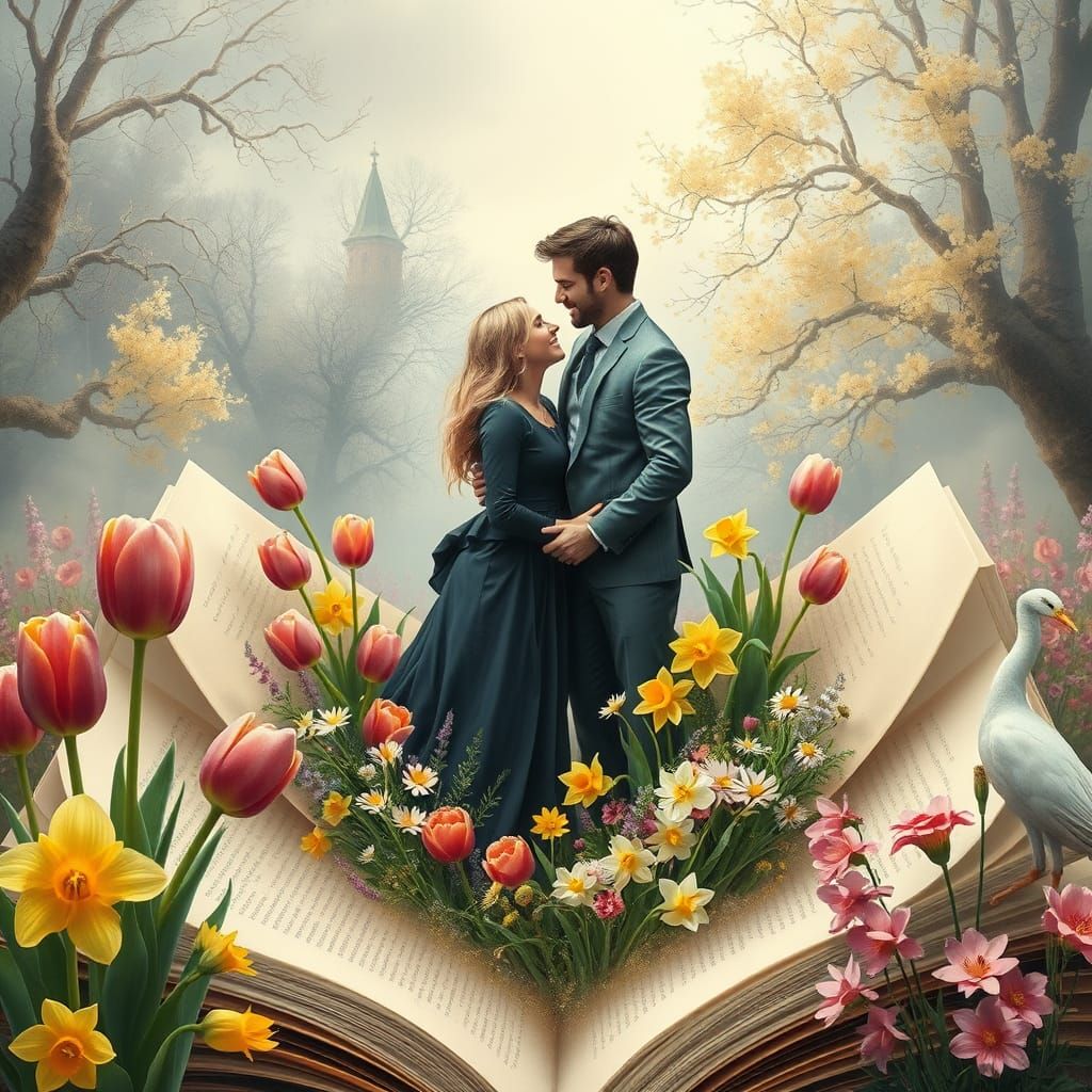 Ethereal Fantasy Scene of Love Amidst Vibrant Floral Bloom