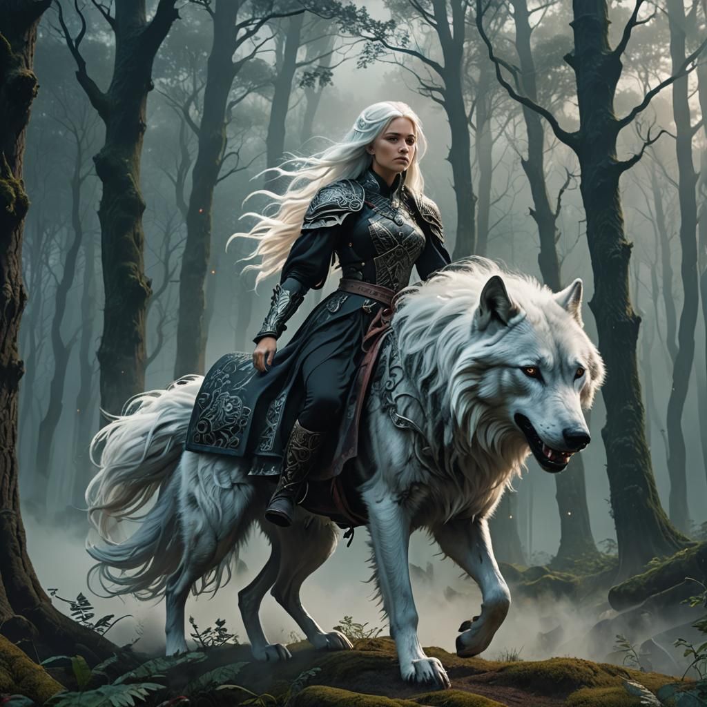 Woman Rides Armored Wolf in Misty Forest