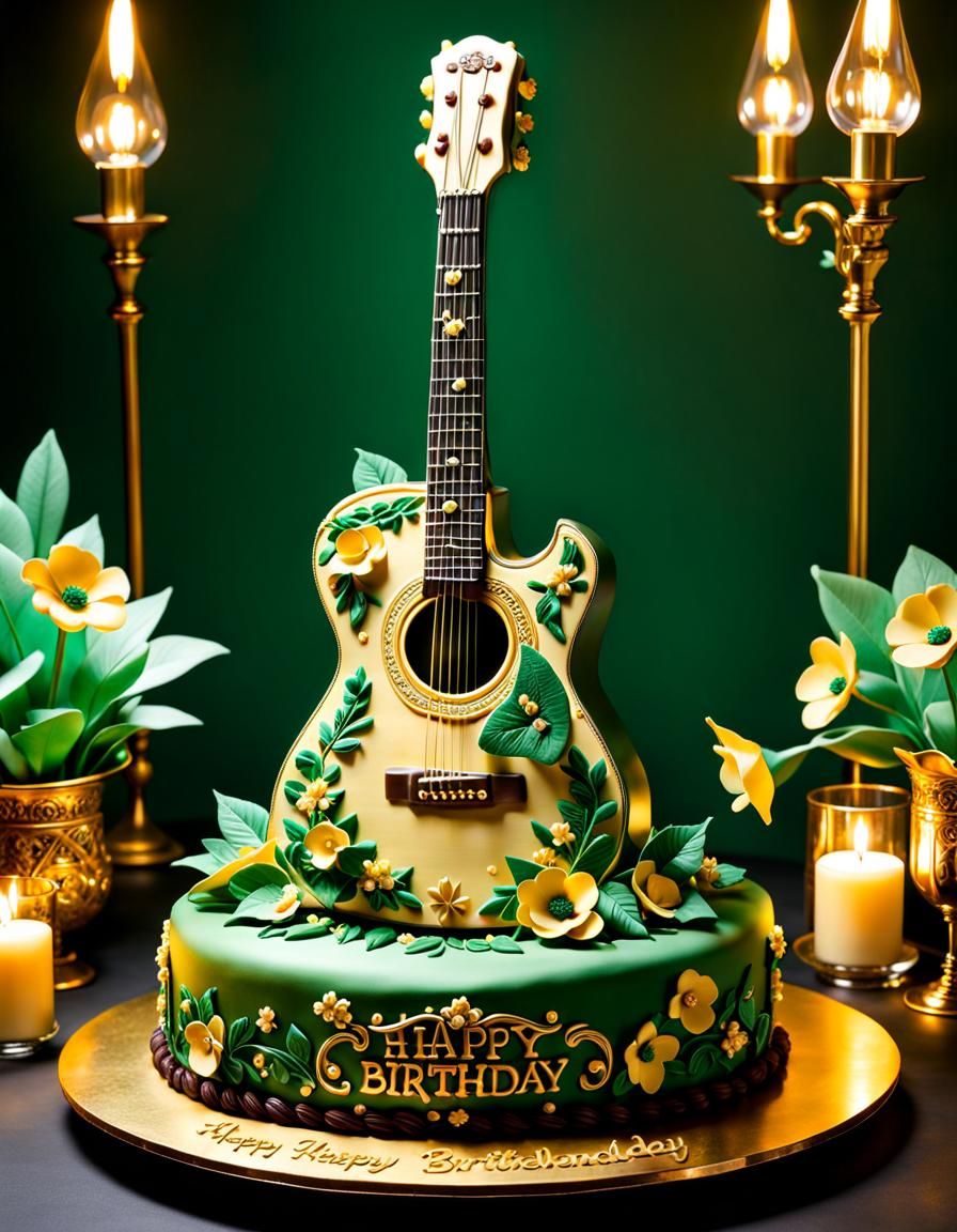 Vintage Guitar Cake Sculpture with Flowers and Leaves