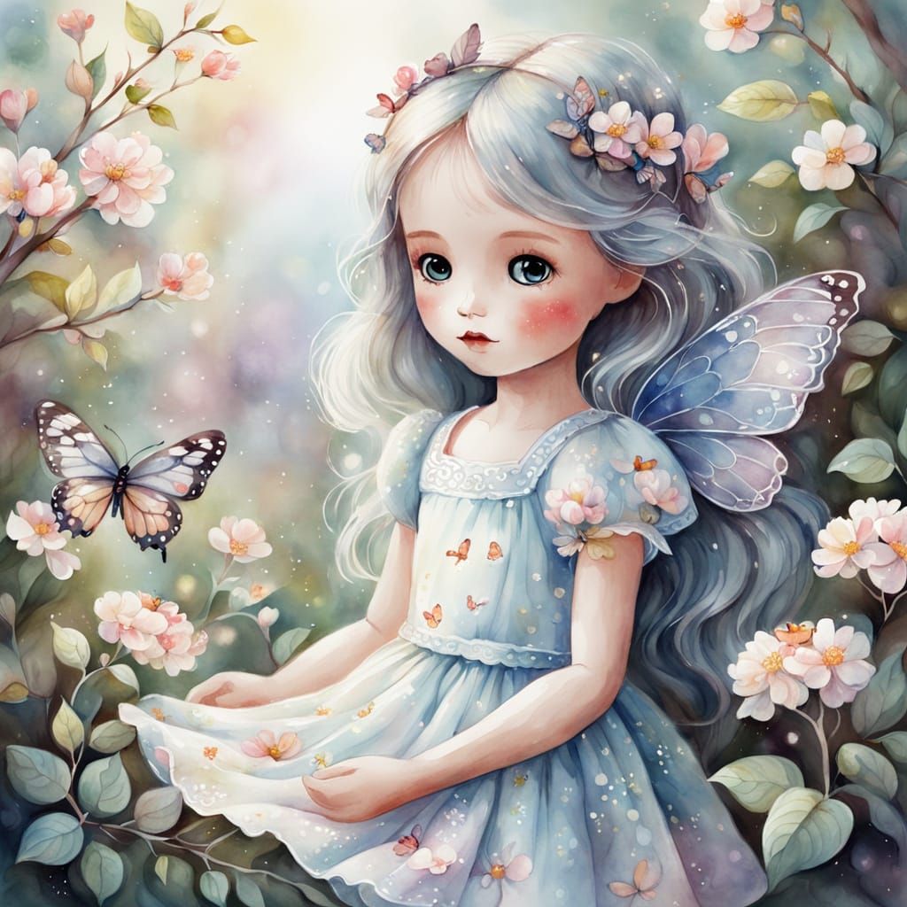 Cute Doll and Butterfly in Watercolor Painting
