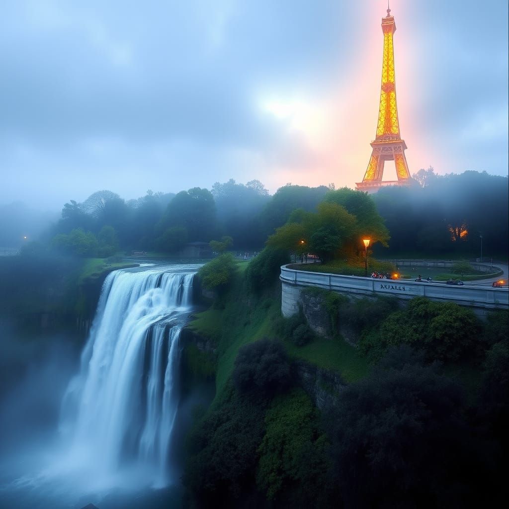 Eiffel Tower Backdrop for Serene Waterfall in Impressionisti...