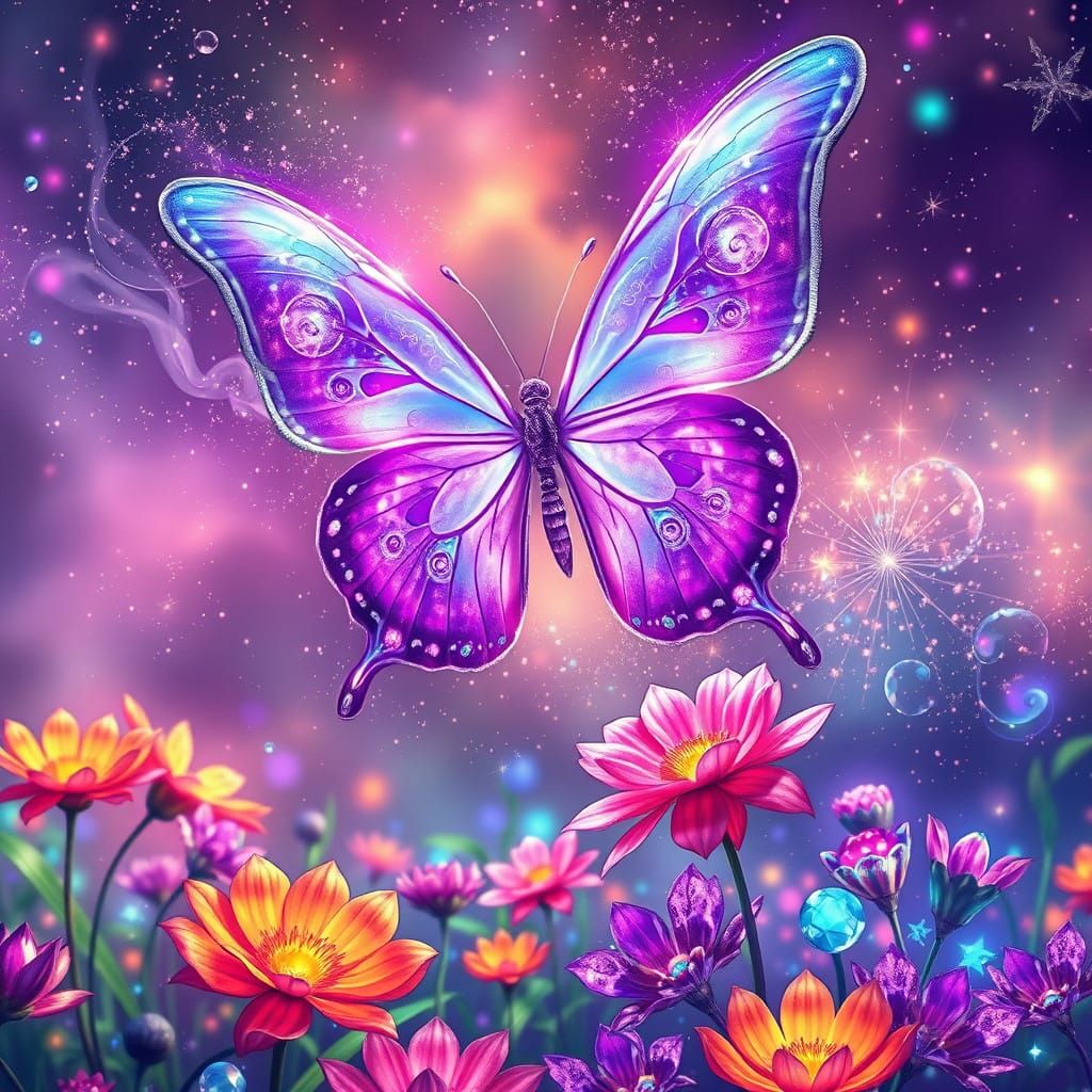 Ethereal Cosmic Butterfly in Vibrant Iridescent World