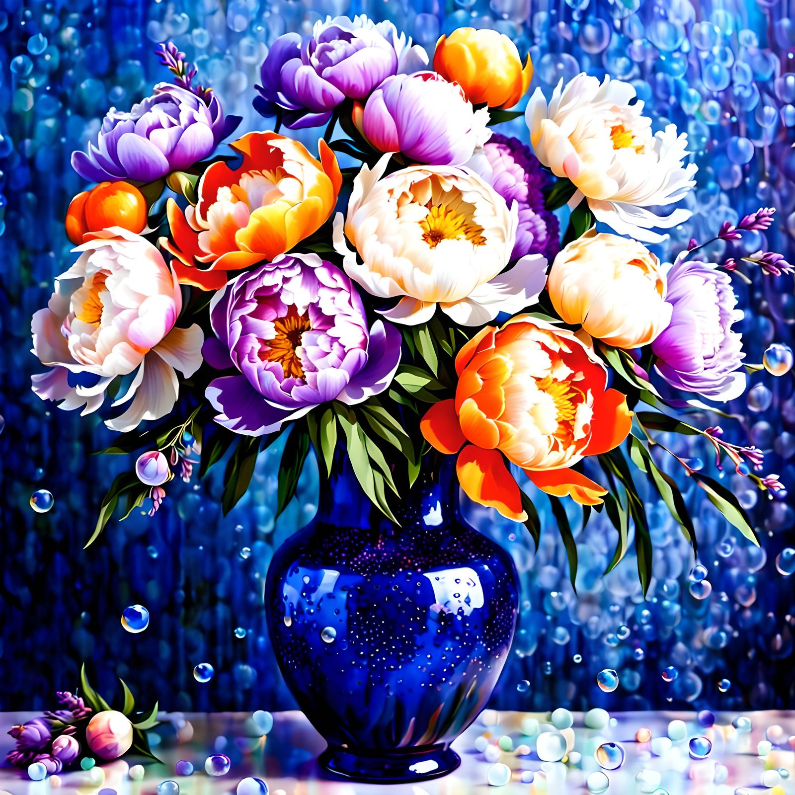 Bouquet of Peonies in Blue Glass Vase