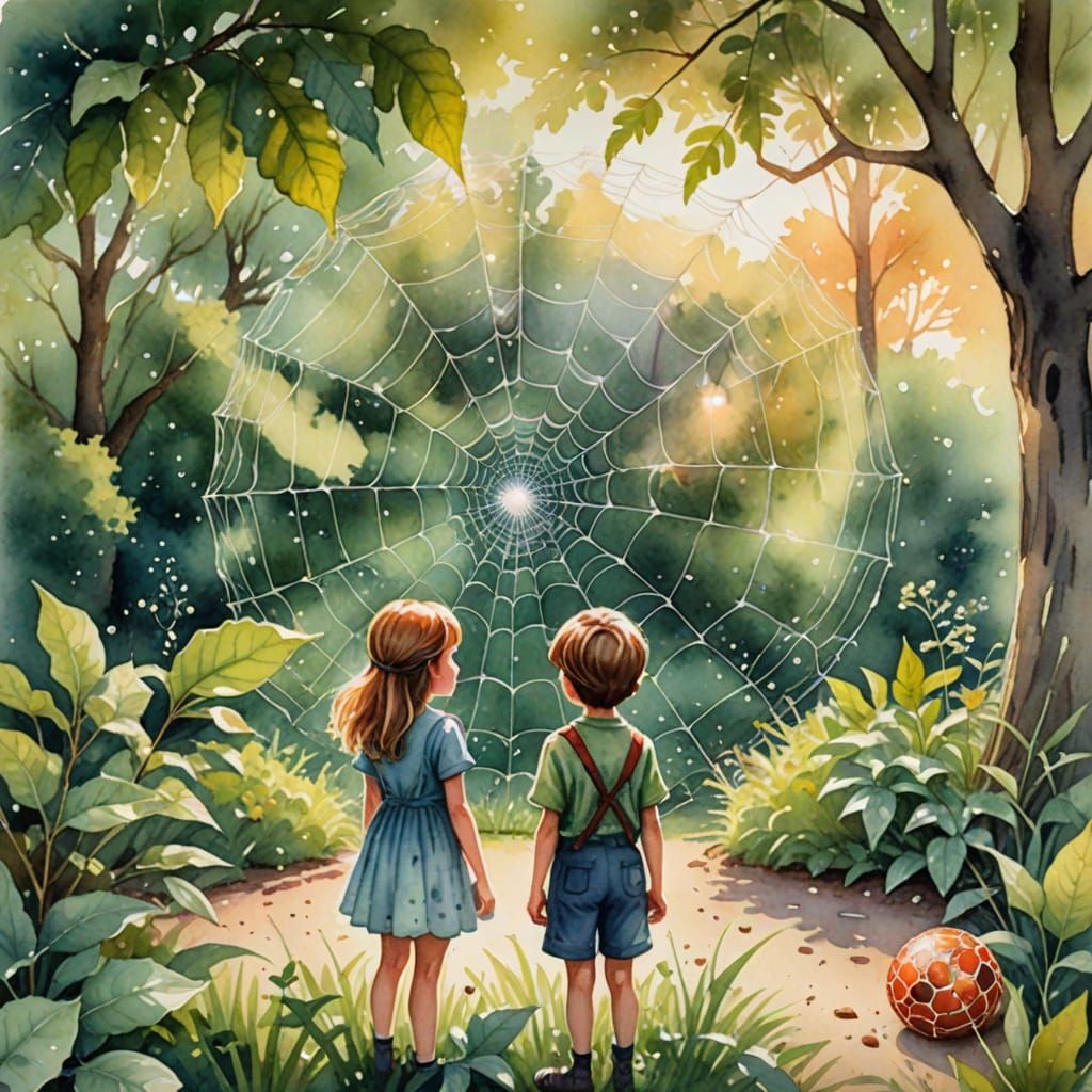 Whimsical Nature Scene of Boy and Girl Watching an Orb Weave...