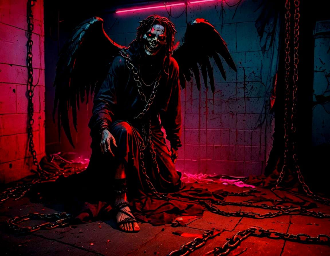 Fallen Angel in Synthwave Neon Retro Style