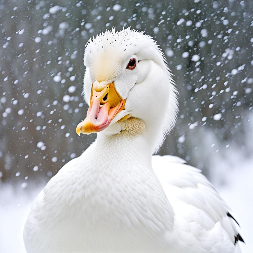 White Duck Shivering in Snowstorm