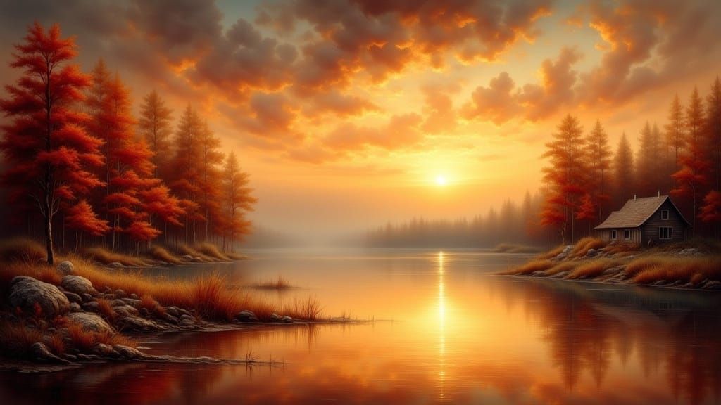 Warm Sunset Lakescape in Antique Watercolor Style