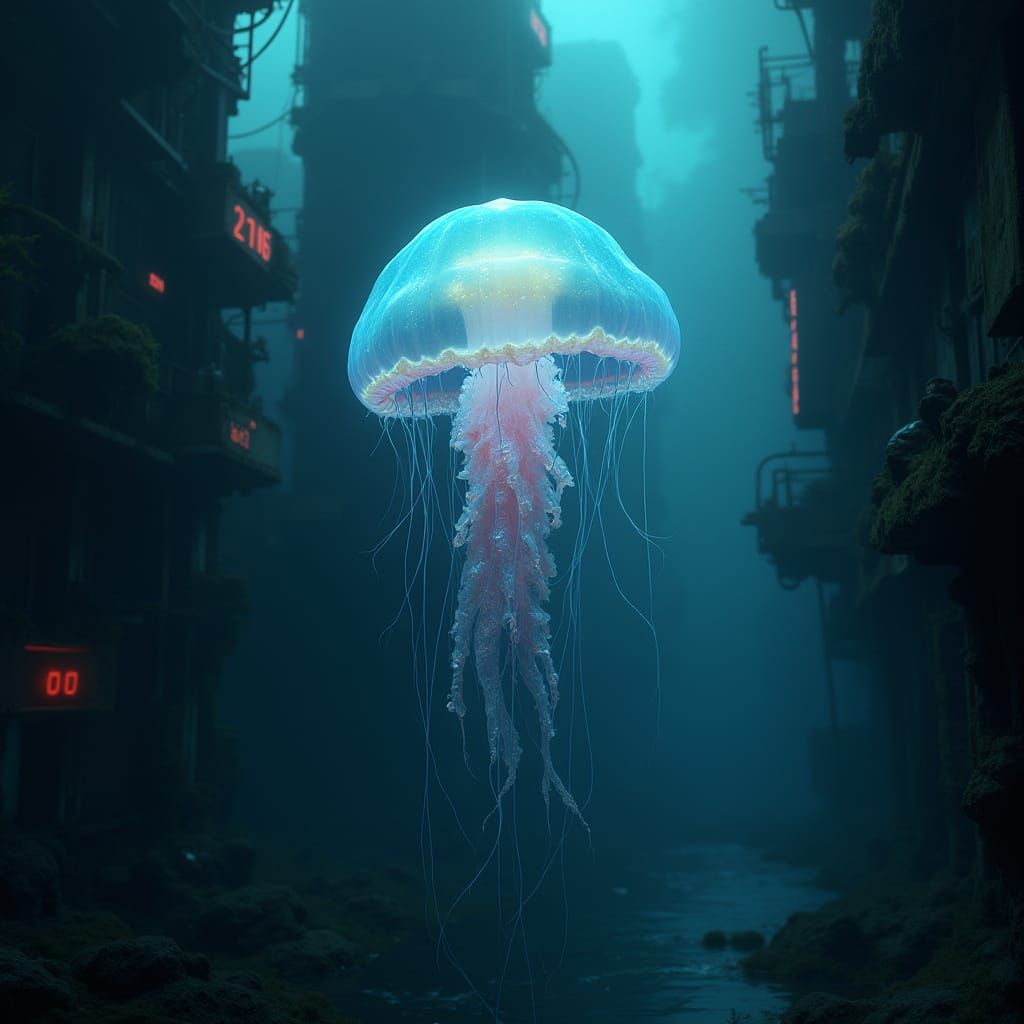 Bioluminescent Jellyfish in Sunken Cyberpunk City