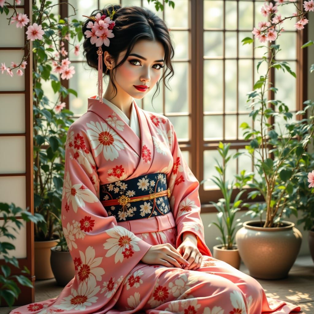 Serene Japanese Woman in Traditional Kimono